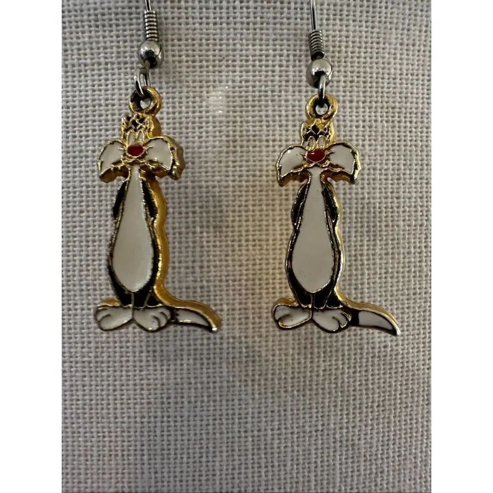 Vintage Warner Bros “Sylvester the Cat” Enamel Dangle Earrings